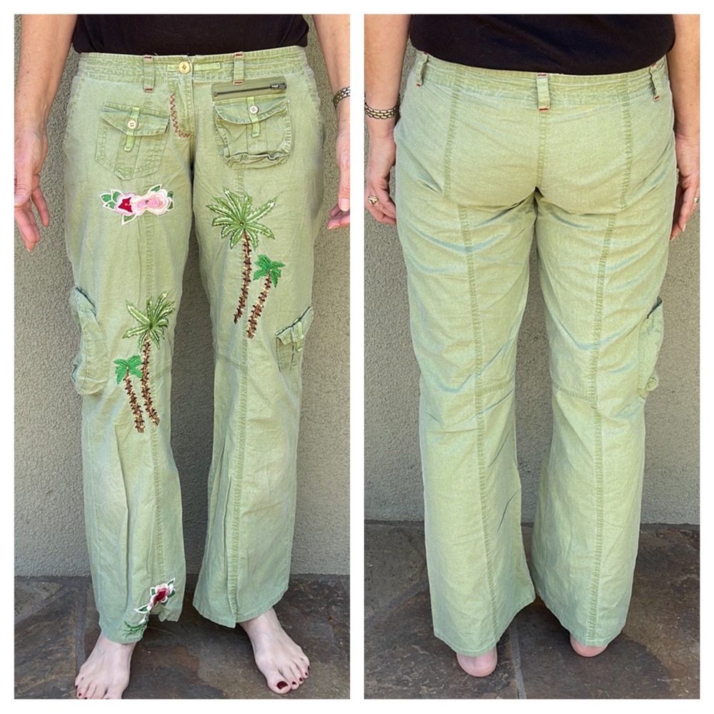 Y2K embroidered green vintage cargo pants